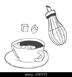 Coffee set. Collection of hand drawn sketch in engraving styles. Cup, coffee grain and spoon with sugar cubes. Vector elements isolated on white backg Stock Vector