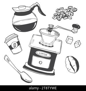set of coffee doodle in doodle style. Stock Vector