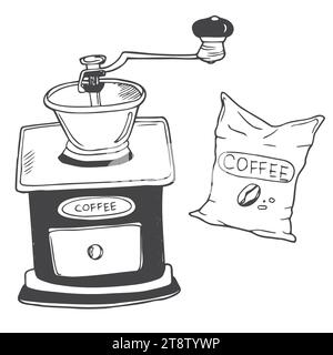 Classic coffee grinder in woden case. Doodle coffee grinder icon in vector. Hand drawn coffee grinder illustration Stock Vector