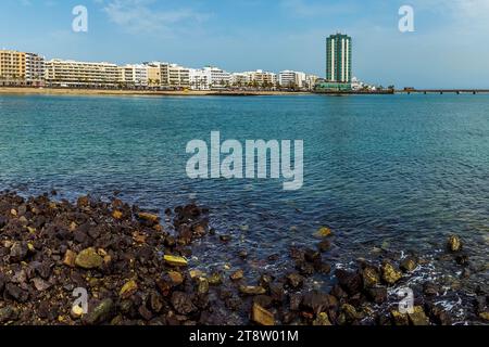 A view from the Cactus park across the bay of  Reducto beach in Arrecife, Lanzarote on a sunny afternoon Stock Photo