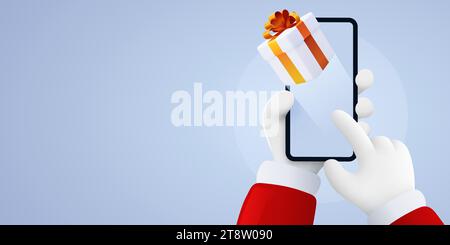 Santa Claus hands holding smartphone with present box. Christmas gift. Vector illustration  Stock Vector