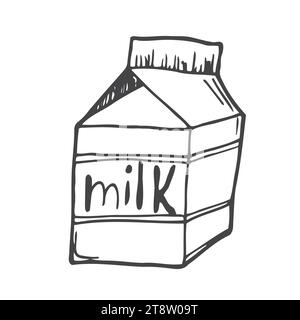 Milk tetrabrick. Food icon. Black and white Doodle cartoon, vector illustration. Stock Vector