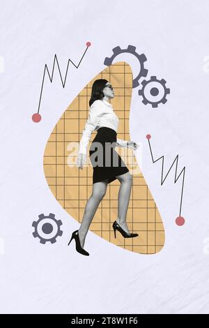 Creative abstract template graphics collage image of purposeful lady creating successfully working start up isolated purple coloe background Stock Photo