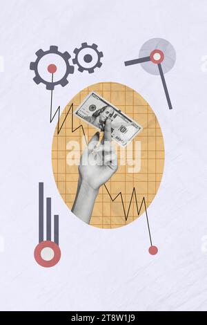 Vertical collage image of black white effect arm fingers hold dollar bill banknote graph stats cogwheel gear isolated on paper background Stock Photo