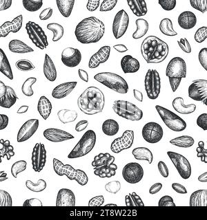 Hand Drawn Nuts Branch And Kernels Background. Seed Vector Seamless Vector Pattern. Retro Engraved Nut Illustration. Stock Vector