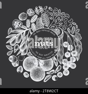 Hand Drawn Nuts Branch And Kernels  Template. Organic Seed Vector Design. Retro Chalk Board Nut Illustration. Stock Vector