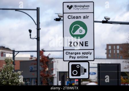 Clean Air Zone run by Birmingham City Council along the A38 Bristol Street in the city centre on 9th November 2023 in Birmingham, United Kingdom. The Clean Air Zone covers the city inside the inner ring road but not include the Middleway itself. A Clean Air Zone aka CAZ, is an area in selected UK cities where targeted action is taken to improve air quality. A CAZ can be non-charging or charging. Whether a vehicle is charged when entering or moving through a CAZ depends on the type of vehicle. Ultra-low-emission vehicles are not charged when entering or moving through a Clean Air Zone. Stock Photo