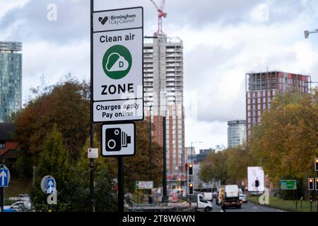 Clean Air Zone run by Birmingham City Council along the A38 Bristol Street in the city centre on 9th November 2023 in Birmingham, United Kingdom. The Clean Air Zone covers the city inside the inner ring road but not include the Middleway itself. A Clean Air Zone aka CAZ, is an area in selected UK cities where targeted action is taken to improve air quality. A CAZ can be non-charging or charging. Whether a vehicle is charged when entering or moving through a CAZ depends on the type of vehicle. Ultra-low-emission vehicles are not charged when entering or moving through a Clean Air Zone. Stock Photo