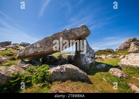 Coetan Arthur Neolithic burial chamber at St Davids Head on the coast path, Pembrokeshire, Wales Stock Photo