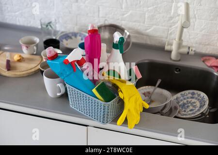 Spring cleaning office or house concept. Different cleaning supplies over  blurred spring background among floating soap bubbles. Copy space Stock  Photo - Alamy