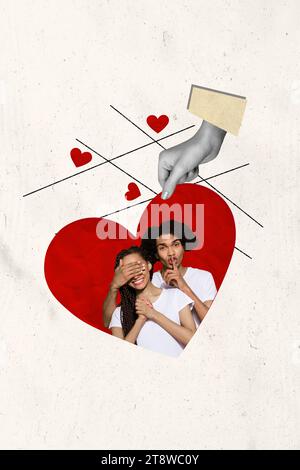 Vertical creative collage image of positive couple hold hand cover eyes surprise dating concept valentine day fantasy billboard comics zine Stock Photo