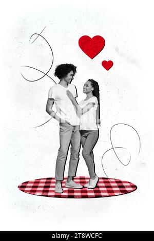 Vertical collage image of positive couple hug spend time together discotheque dating concept valentine day fantasy billboard comics zine Stock Photo