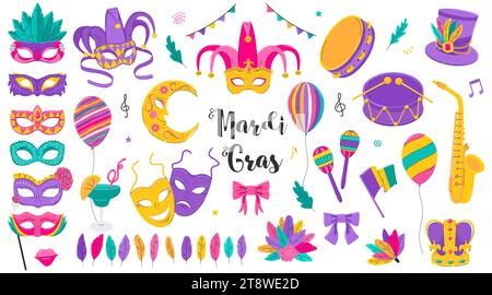 Mardi Gras carnival clipart. Brazilian festival design collection. Masks with feathers, joker, fleur de lis, drum, party decorations, comedy and trage Stock Vector