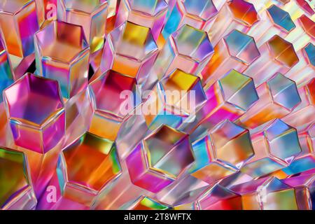 Glass multi-colored hexagons, transparent geometric crystals. 3d rendering Stock Photo