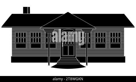 Black silhouette of one-story house with porch and canopy isolated on white background. Vector clipart. Stock Photo