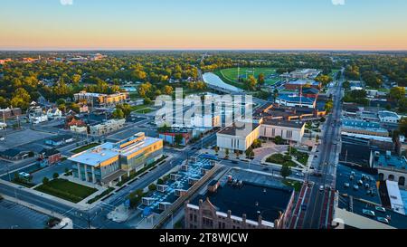 Delaware County Court Administration courthouse aerial at dawn sunrise Delaware County Court Administration courthouse aerial at dawn sunrise