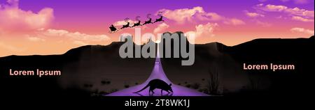 Christmas Eve in the desert southwestern United States is the topic of this 3-d illustration with copy space. Santa and his sleigh fly in the sky over Stock Photo