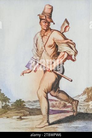 Tracht, Kleidung, einer von den Freibeutern des carpatischen Gebirge, die man Corallen nennt, um 1704, Karpaten, Rumänien, Kupferstich von Caspar Luyken von 1703, digital restaurierte Reproduktion von einer Vorlage aus dem 18. Jahrhundert  /  Traditional costume, clothing, one of the buccaneers of the Carpathian Mountains called Corallen, c. 1704, Carpathians, Romania, copperplate engraving by Caspar Luyken from 1703, digitally restored reproduction from an 18th century original Stock Photo