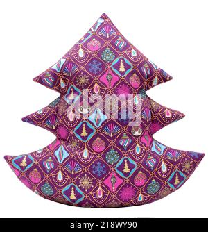 Christmas tree shaped pillow with Christmas patterns on a white background Stock Photo