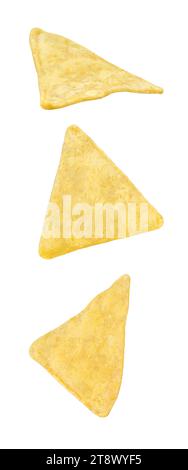 Nachos triangular, three falling, hanging, flying, soaring isolated on white background with clipping path, element of packaging design. Full depth of Stock Photo