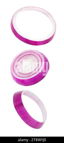 Red onion, sliced into rings, falling, hanging, flying, soaring, isolated on white background with clipping path. Stock Photo