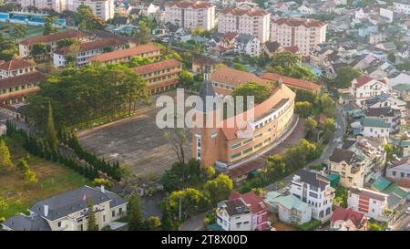 Aerial view of Da Lat Pedagogical College in the city of Da Lat near Xuan Huong lake in the morning. Tourist city in developed Vietnam. Travel and con Stock Photo