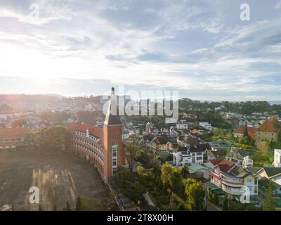 Aerial view of Da Lat Pedagogical College in the city of Da Lat near Xuan Huong lake in the morning. Tourist city in developed Vietnam. Travel and con Stock Photo