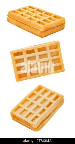 Viennese waffles, three pieces, falling, hanging, flying, soaring, isolated on white background with clipping path. Stock Photo