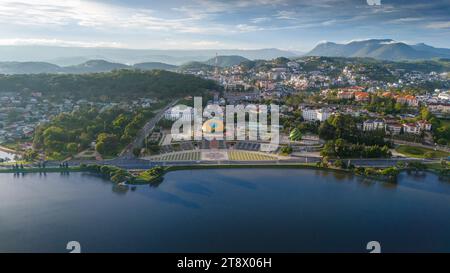 Aerial panorama view of Sunflower Building at Lam Vien Square in Da Lat City. Tourist city in developed Vietnam. Center Square of Da Lat city with Xua Stock Photo