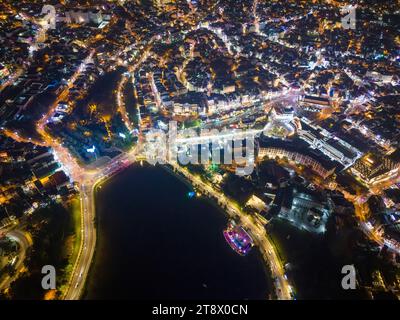 Aerial panorama view of Sunflower Building at Lam Vien Square in Da Lat City. Tourist city in developed Vietnam. Center Square of Da Lat city with Xua Stock Photo