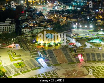 Aerial panorama view of Sunflower Building at Lam Vien Square in Da Lat City. Tourist city in developed Vietnam. Center Square of Da Lat city with Xua Stock Photo