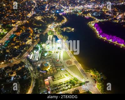 Aerial panorama view of Sunflower Building at Lam Vien Square in Da Lat City. Tourist city in developed Vietnam. Center Square of Da Lat city with Xua Stock Photo