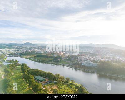 Aerial panorama view of Sunflower Building at Lam Vien Square in Da Lat City. Tourist city in developed Vietnam. Center Square of Da Lat city with Xua Stock Photo