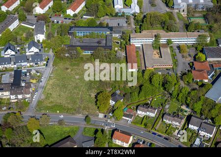 Aerial view, Friedrichsberg, Willy Brandt Comprehensive School, Meadows open space, Sacramento Memorial of Celiktas, Bergkamen, Ruhr area, North Rhine Stock Photo