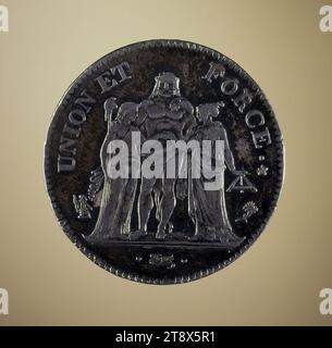 Five-franc piece with Hercules, year IV (1796), Dupré, Augustin or Auguste, Engraver in medals, Array, Numismatics, Currency, Dimensions - Work: Diameter: 3.6 cm, Weight (type dimension): 24.97 g Stock Photo