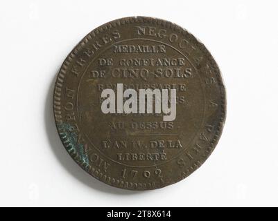 Piece of five Monneron sols, 1792, Dupré, Augustin or Auguste, Engraver in medals, Array, Numismatics, Currency, Paris, Dimensions - Work: Diameter: 4 cm, Weight (type dimension): 27.94 g Stock Photo