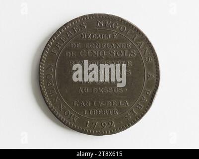 Piece of five Monneron sols, 1792, Dupré, Augustin or Auguste, Engraver in medals, Array, Numismatics, Currency, Paris, Dimensions - Work: Diameter: 4 cm, Weight (type dimension): 27.54 g Stock Photo