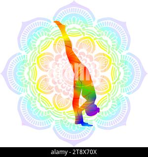 Colorful silhouette of yoga. Urdhva Prasarita Eka Padasana. Standing Splits pose. Isolated vector illustration on Mandala background. Stock Vector