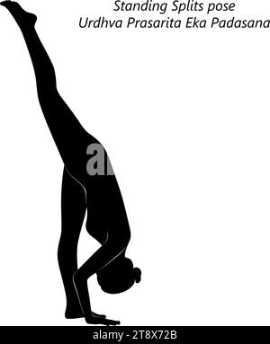 Silhouette of woman doing yoga Urdhva Prasarita Eka Padasana. Standing Splits pose. Isolated vector illustration. Stock Vector