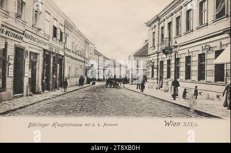 19th, Döblinger Hauptstraße - with k. k. post office, picture postcard, Carl (Karl) Ledermann Jr, producer, 1900-1905, cardboard, collotype, height×width 9×14 cm, 19: Döbling, street, the usual house or row of houses, low-rise, tenement, house with store, four-wheeled, animal-drawn vehicle, e.g.: Droschke, carriage, wagon, with people., The Vienna Collection Stock Photo