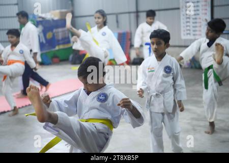 Children, who are students of the 'Shotokan Karate-Do Association of Tripura', are seen performing karate during a special class on Children's day in Barjala, at Agartala. Tripura, India. Stock Photo