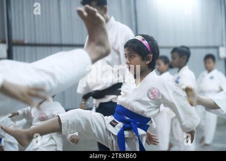 Children, who are students of the 'Shotokan Karate-Do Association of Tripura', are seen performing karate during a special class on Children's day in Barjala, at Agartala. Tripura, India. Stock Photo