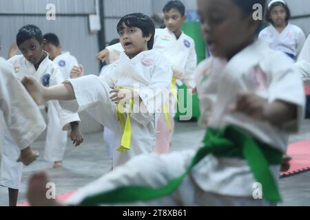 Children, who are students of the 'Shotokan Karate-Do Association of Tripura', are seen performing karate during a special class on Children's day in Barjala, at Agartala. Tripura, India. Stock Photo