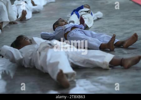 Children, who are students of the 'Shotokan Karate-Do Association of Tripura', are seen performing karate during a special class on Children's day in Barjala, at Agartala. Tripura, India. Stock Photo