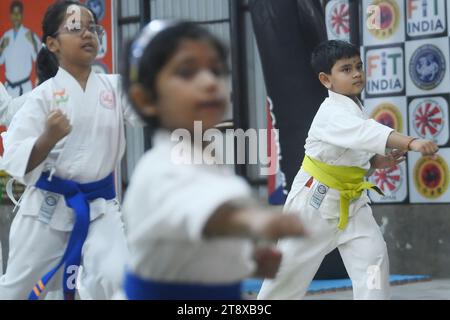 Children, who are students of the 'Shotokan Karate-Do Association of Tripura', are seen performing karate during a special class on Children's day in Barjala, at Agartala. Tripura, India. Stock Photo