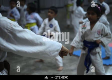 Children, who are students of the 'Shotokan Karate-Do Association of Tripura', are seen performing karate during a special class on Children's day in Barjala, at Agartala. Tripura, India. Stock Photo