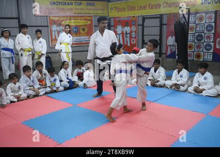 Children, who are students of the 'Shotokan Karate-Do Association of Tripura', are seen performing karate during a special class on Children's day in Barjala, at Agartala. Tripura, India. Stock Photo