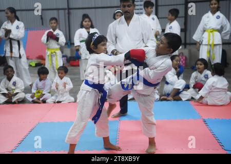 Children, who are students of the 'Shotokan Karate-Do Association of Tripura', are seen performing karate during a special class on Children's day in Barjala, at Agartala. Tripura, India. Stock Photo