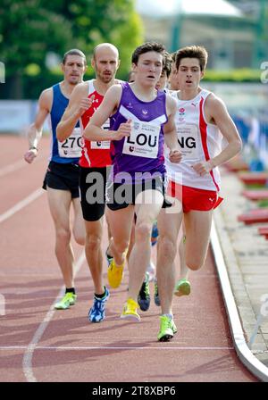 Jake Wightman (Lou) competing in the mens 800m at the Loughborough Athletics International, Loughborough University, England UK on the 19th May 2013. Stock Photo