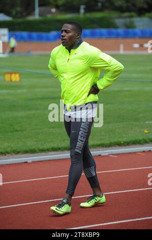 Harry Aikines Aryeetey warming up to compete in the mens 100m at the Loughborough Athletics International, Loughborough University, England UK on the Stock Photo